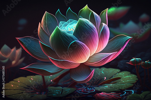 Lotus flower, neon style, close-up, portrait, bright background, nature background, high quality, high detail, 8k, Generative AI