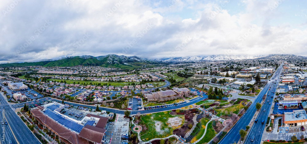 A Drone, UAV View of Yucaipa, California, Looking at the main City with the Crafton Hills in the Background