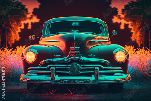 stylish old car  neon style  close-up  portrait  bright background  nature background  high quality  high detail  8k 7  Generative AI