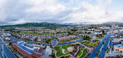 A Drone, UAV View of Yucaipa, California, Looking at the main City with the Crafton Hills in the Background