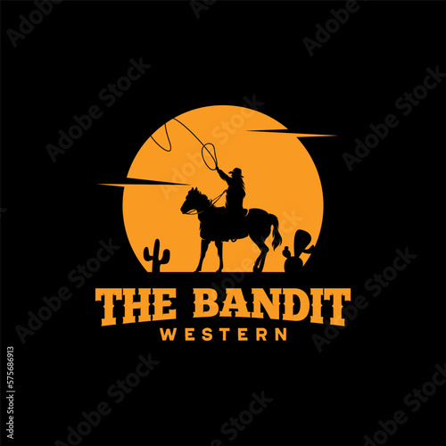 Cowboy Riding Horse Silhouette at Night logo