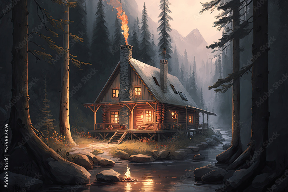 A cozy cabin in the woods, surrounded by tall trees and a gentle stream ...
