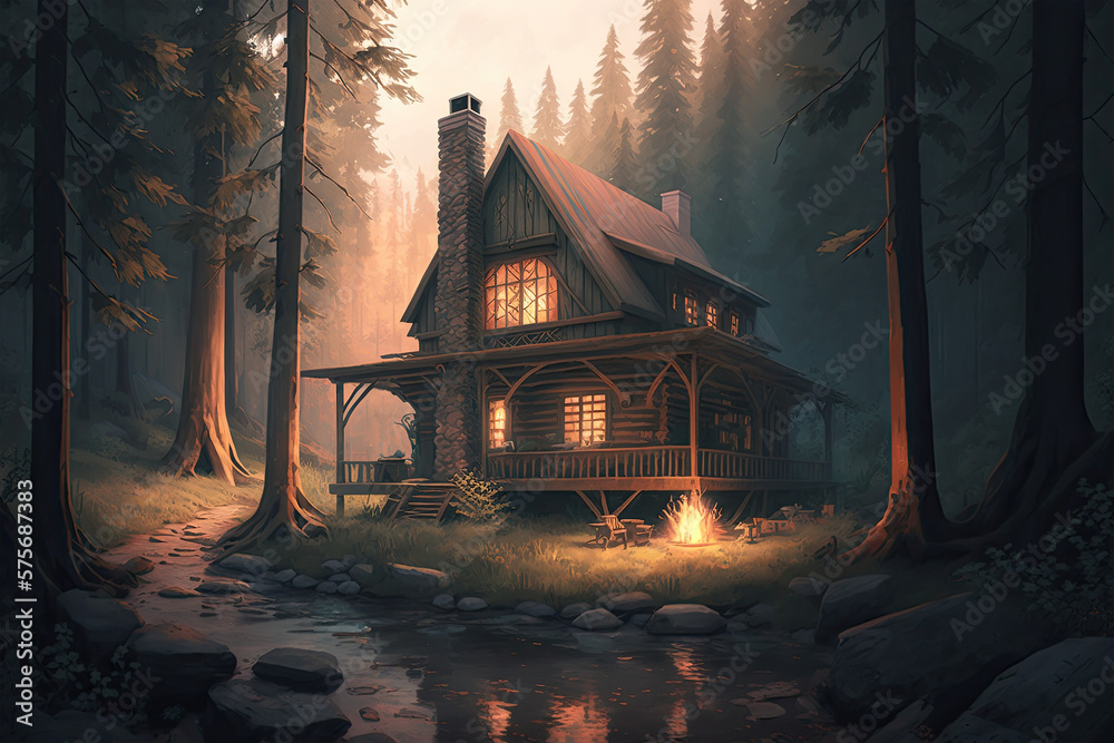 A cozy cabin in the woods, surrounded by tall trees and a gentle stream, with smoke rising from the chimney and warm light glowing from the windows, water, landscape, tree, night, forest, nature, sky,