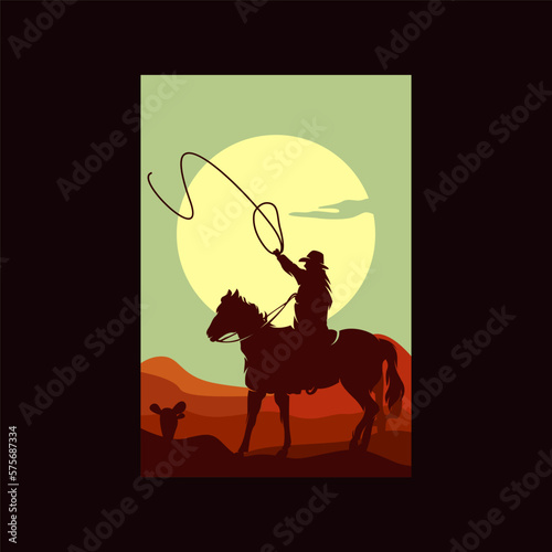 Cowboy Riding Horse Silhouette at Sunset logo