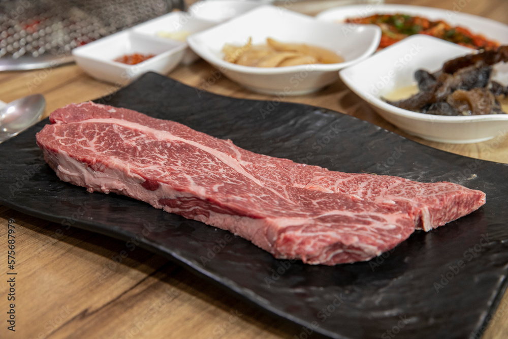 South Korea food. raw beef saddle meat South Korea food. raw beef saddle meat