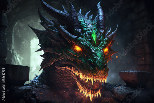 Huge medieval dragon with glowing green eyes. Concept art of the dragon head in the Gothic style. 3d illustration of the game location of the final boss. (ai generated) © ImagineDesign
