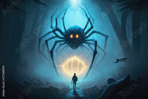 Fotografiet Brave hero lights way with lantern, stands in front of huge spider with sting, glowing yellow mouth with sharp teeth stands its paws in swampy dead landscape