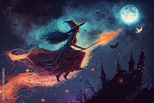 A witch flying on a broomstick, with bats accompanying her in front of the full moon. Digital painting. (ai generated)