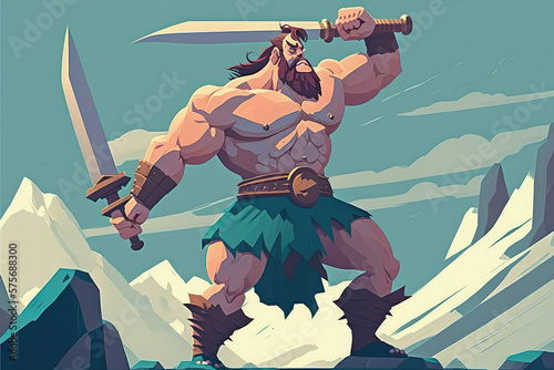 The mountain giant is attacking people. Hero with a sword preparing for battle. 2d illustration (ai generated)