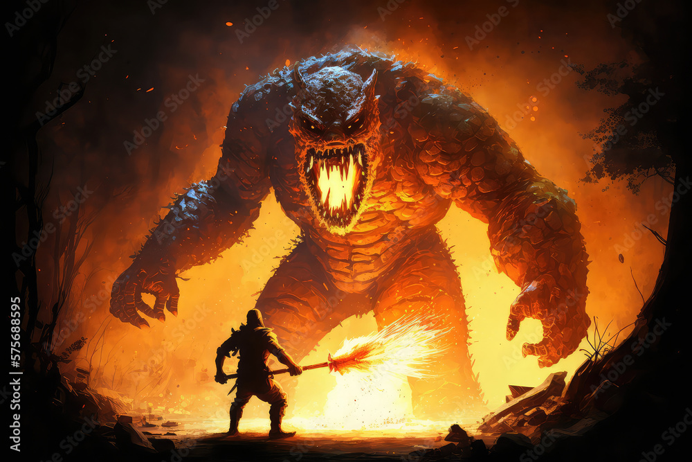 illustration painting of a man with a flamethrower fighting with a monster, digital art style. (ai generated) illustration painting of a man with a flamethrower fighting with a monster, digital art style. (ai generated)