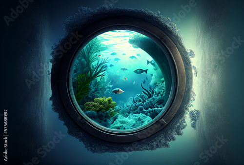 Underwater world background. view from the round window of a submarine. Generative Ai © Inai