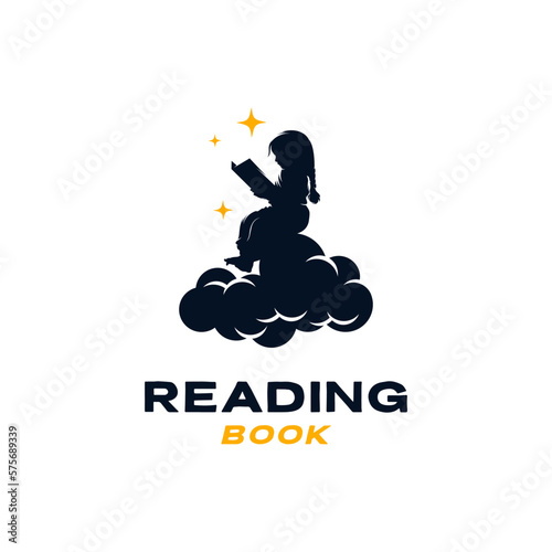 Vector little girl reading book on cloud logo template design
