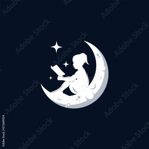 Vector little girl reading book on moon logo template design