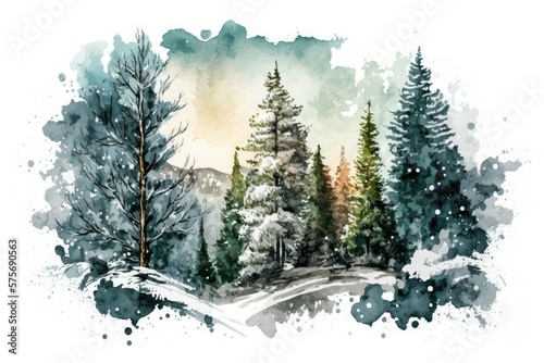 Watercolor illustration of a snowy rural landscape populated by conifer trees, perfect for use as a Christmas card or festive backdrop. Generative AI