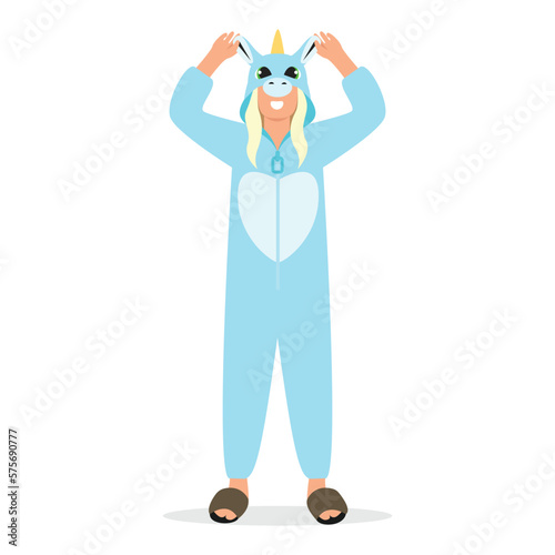 girl or woman in pajamas (unicorn kingurumi). Flat vector illustration.