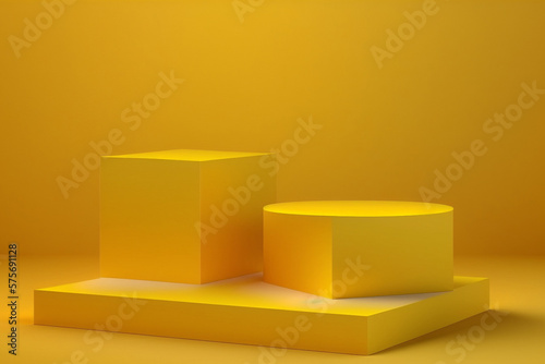 Yellow. Platform or empty pedestal. Podium for the product.