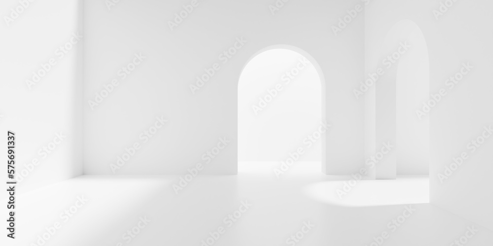 Empty white interior room with door openings in back and right wall, modern architecture or product presentation template background
