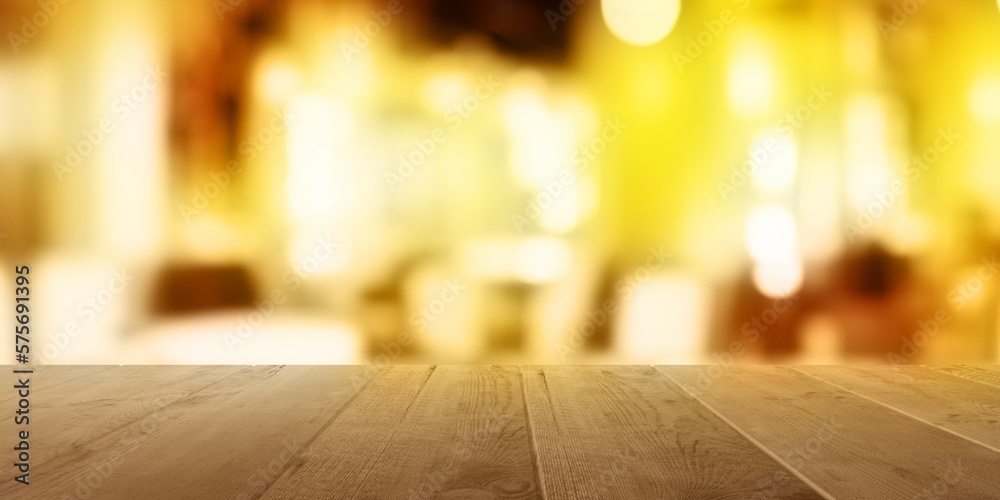 Empty wooden table top with out of focus room at night bokeh background
