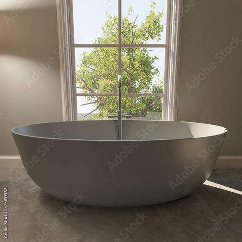 A 3d rendered illustration from the interior of a contemporary bathroom with a big bathtub. 