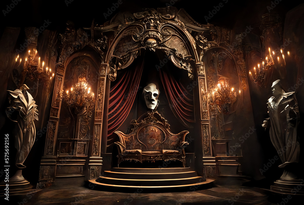 stage for a broadway play musical with sofa and mask, throne, opera, generative ai