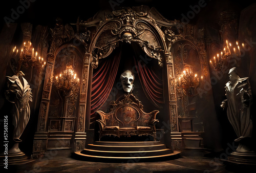 stage for a broadway play musical with sofa and mask, throne, opera, generative ai