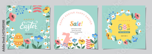 Happy Easter Set of Sale banners, social media, greeting cards, posters, holiday covers. Trendy design with typography, hand painted plants, eggs and bunny, in pastel colors. banner background.