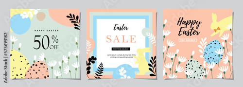 Happy Easter Set of Sale banners, social media, greeting cards, posters, holiday covers. Trendy design with typography, hand painted plants, eggs and bunny, in pastel colors. banner background.