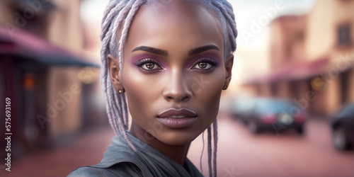 Portrait of a beautiful black girl on a street. generative AI