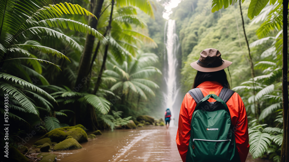 Women travelers in hats and raincoats with backpacks walking on tropical jungle trails in a waterfall background. Generative AI