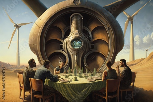 Dinner near hudge turbine, green energy concept, renewable energy from wind. Generative AI photo