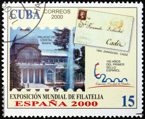 Postage stamp Cuba 2000, 1850 Zaragoza-Cadiz cover and Palacio de Cristal, Madrid, 2000 World Stamp Exhibition