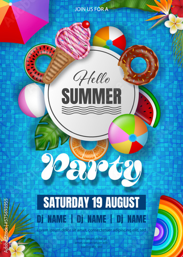 summer party poster with colorful inflatables ond pool water. pool party flyer