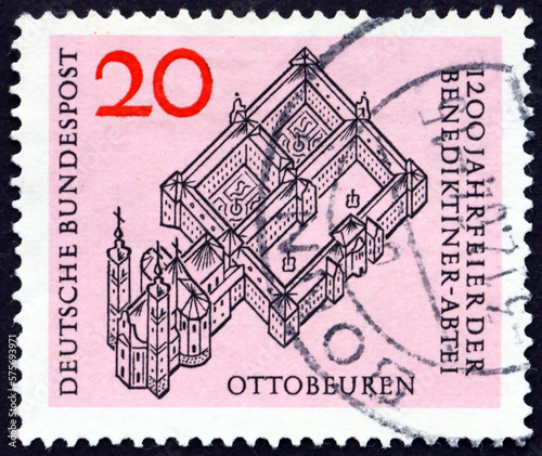 GERMANY - CIRCA 1964: a stamp printed in Germany shows view of Ottobeuren Benedictine Abbey, 1200th anniversary, circa 1964 photo