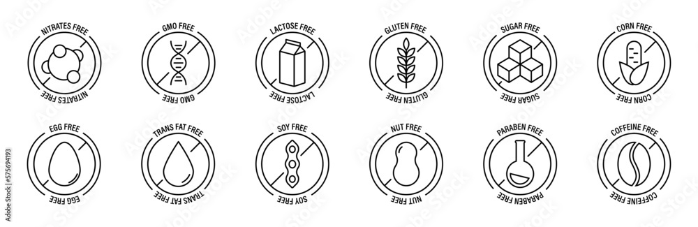 Allergen free products collection. Allergen free ingredients icons. Products warning symbols. Food allergy icons. Basic allergens. EPS 10 