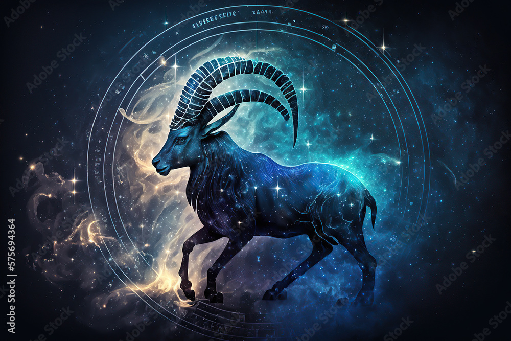 Capricorn zodiac sign against space nebula background. Astrology calendar. Esoteric horoscope and fortune telling concept, created with Generative AI Capricorn zodiac sign against space nebula background. Astrology calendar. Esoteric horoscope and fortune telling concept, created with Generative AI