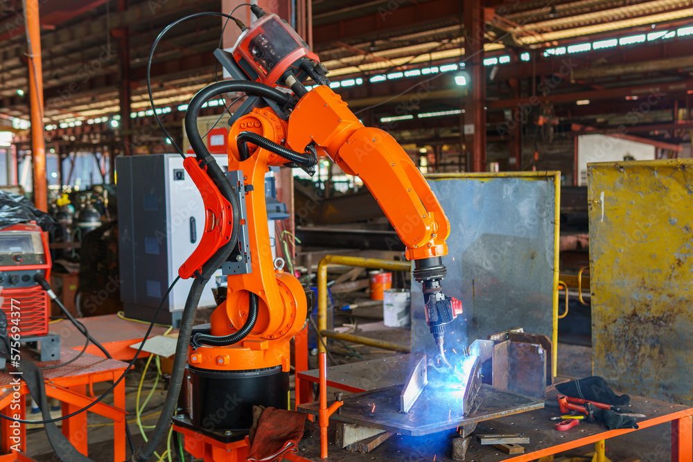 Robotic Welding Machine, Welding a Steel Plate of Steel Structure with