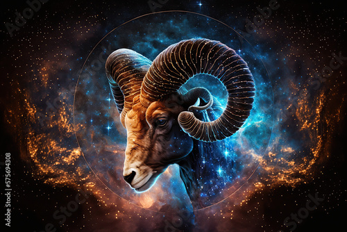 Aries zodiac sign against space nebula background. Astrology calendar. Esoteric horoscope and fortune telling concept, created with Generative AI