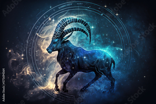 Capricorn zodiac sign against space nebula background. Astrology calendar. Esoteric horoscope and fortune telling concept, created with Generative AI