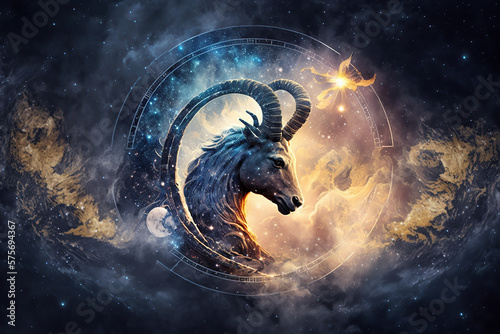 Capricorn zodiac sign against space nebula background. Astrology calendar. Esoteric horoscope and fortune telling concept, created with Generative AI photo