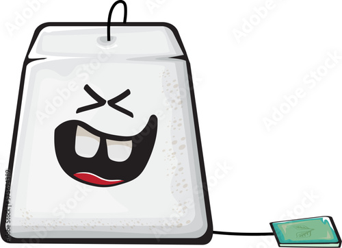 Cartoon tea bag characters isolated on white background. Funky paper tea bag character with eyes and mouth. Vector white teabag with clip art, emoji, label and sticker