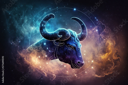 Taurus zodiac sign against space nebula background. Astrology calendar. Esoteric horoscope and fortune telling concept, created with Generative AI