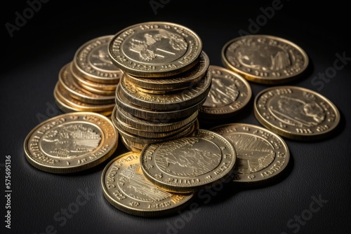 gold coins piled up against a black background, representing a financial savings goal. Generative AI