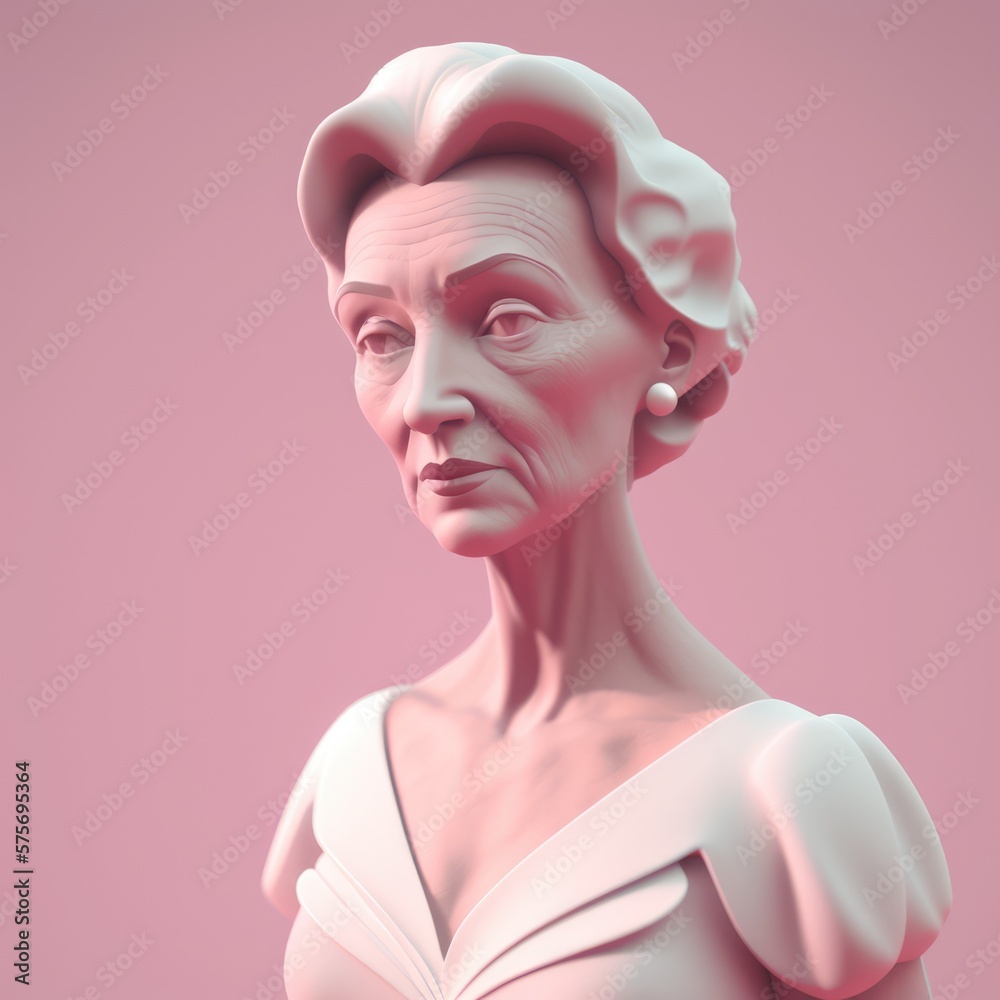 middle-aged woman with a determined look, wearing a white dress, against a pink wall digital character avatar AI generation.