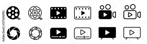 Cinema icons set. Cinema symbols set. Movie icons. Film Clapper, Camera, Film reel, filmstrip, shutter.