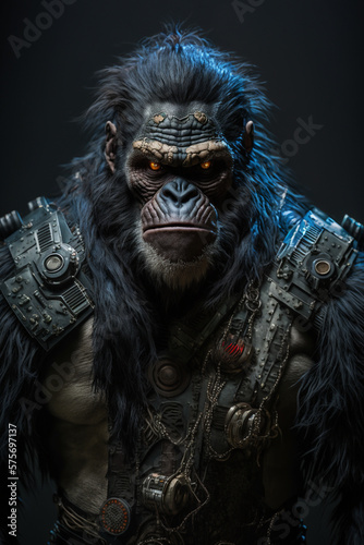 Ape with cyberpuck gadget and armour. Generative ai. 