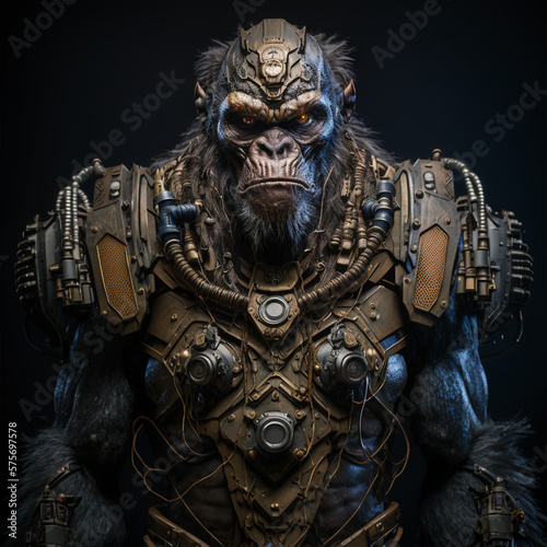 Ape with cyberpuck gadget and armour. Generative ai. 