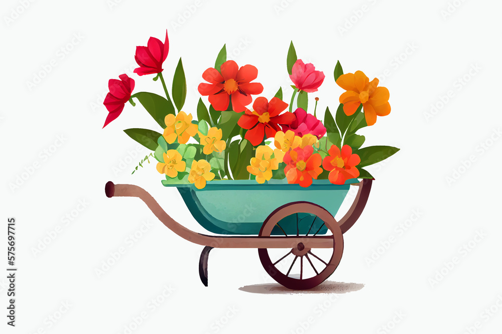 Wheelbarrow with Colorful flowers Blooms. Watercolor hand drawn Easter and spring florist farmhouse illustartion. generative ai