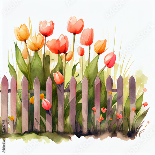 Watercolor spring composition with tulips and wooden fence. Hand painted pink tulips with leaves and brown picket fence isolated. generative ai #575697769