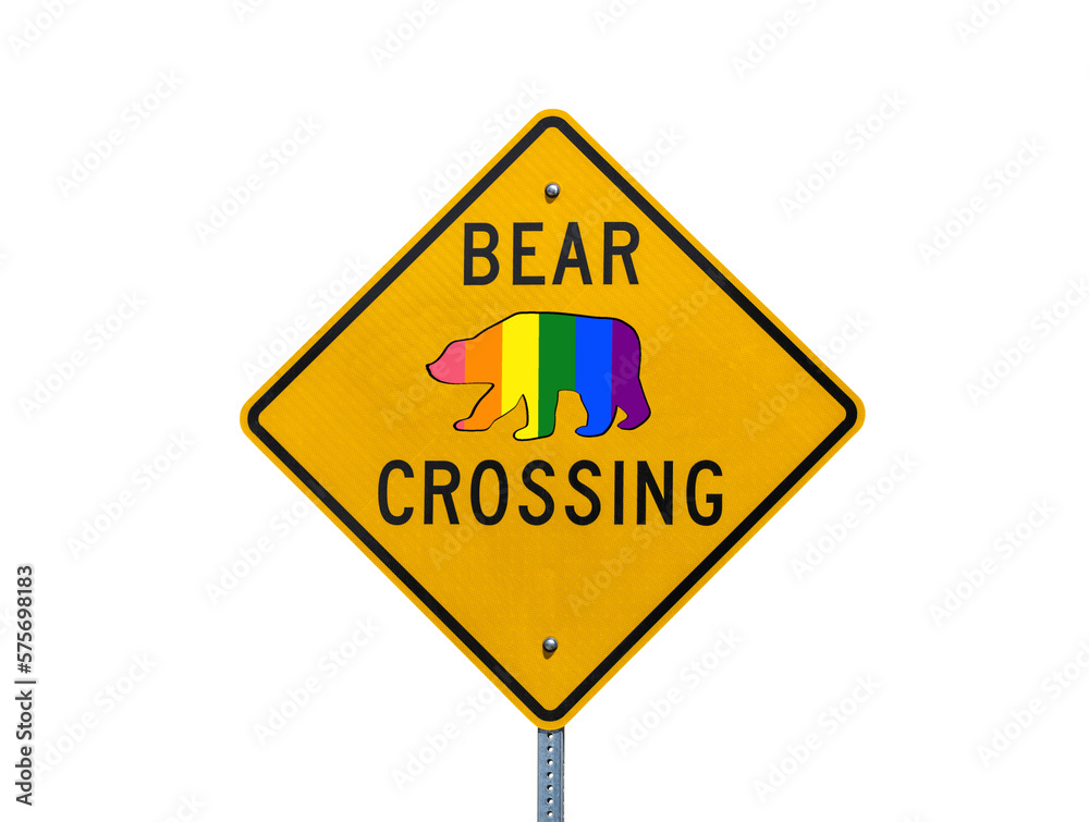 Rainbow gay pride flag bear crossing highway sign with cut out background.
