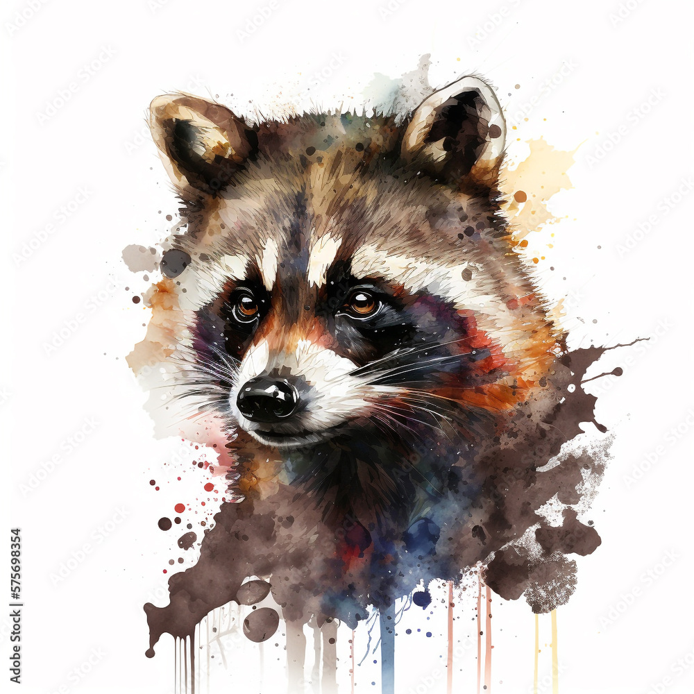 A watercolor illustration of a raccoon with vibrant splashes, capturing the animal’s playful essence and artistic allure. - obrazy, fototapety, plakaty 